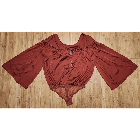 Free People Womens M She's A Natural Boho Sleeve Ruffle Bodysuit Rust Brown Top - Picture 1 of 9